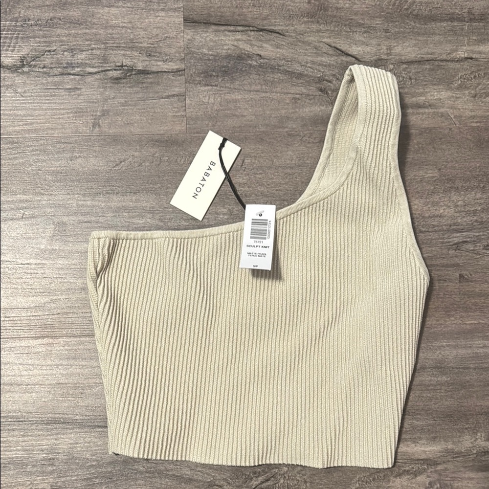 Babaton Cream Asymmetrical Ribbed Crop Tank Top - Picture 1 of 3